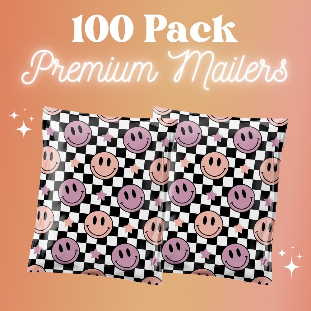 Checkered Smiley Face Poly Mailers 10x13 Inch 100 Pack Shipping Supplies‎ Pastel